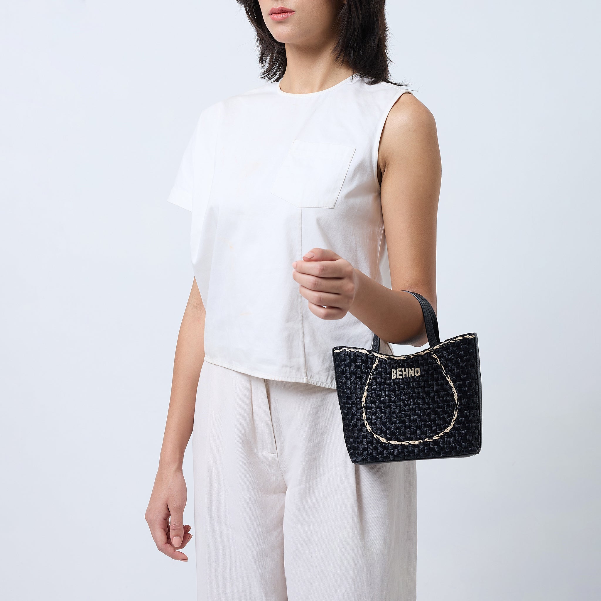 KATRINA MINI TOTE RAFFIA PEBBLE BLACK