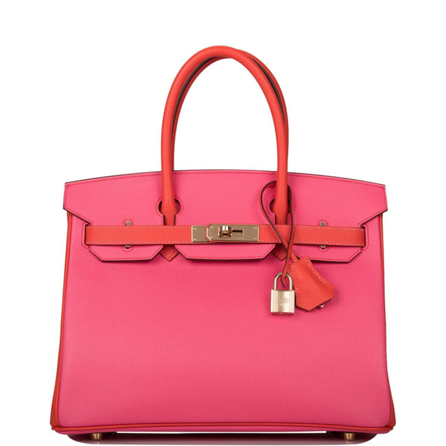 Hermes Birkin 30cm Bi-Color Rose Azalee and Feu Epsom Permabrass Hardware Hover Image
