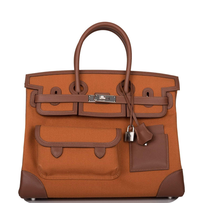 Hermes Marron Inde Swift and Gold Toile Canvas "Cargo" Birkin 35cm Palladium Hardware Hover Image