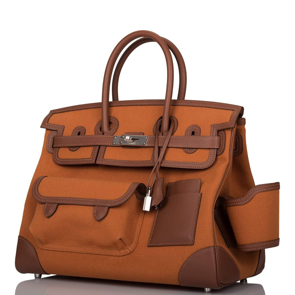 Hermes Marron Inde Swift and Gold Toile Canvas "Cargo" Birkin 35cm Palladium Hardware