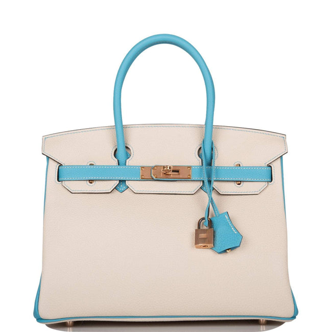 Hermes Birkin 30cm Bi-Color Craie and Bleu Atoll Togo  Rose Gold Hardware Hover Image