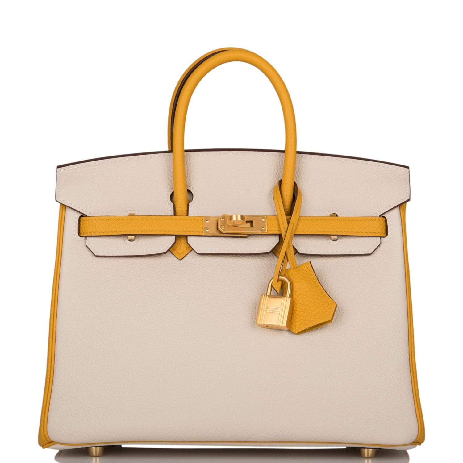 Hermes Horseshoe Stamp (HSS) Bi-Color Craie and Jaune Ambre Togo Birkin 25cm Brushed Gold Hardware