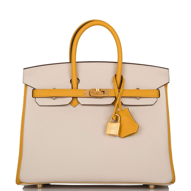 Hermes Horseshoe Stamp (HSS) Bi-Color Craie and Jaune Ambre Togo Birkin 25cm Brushed Gold Hardware Hover Image