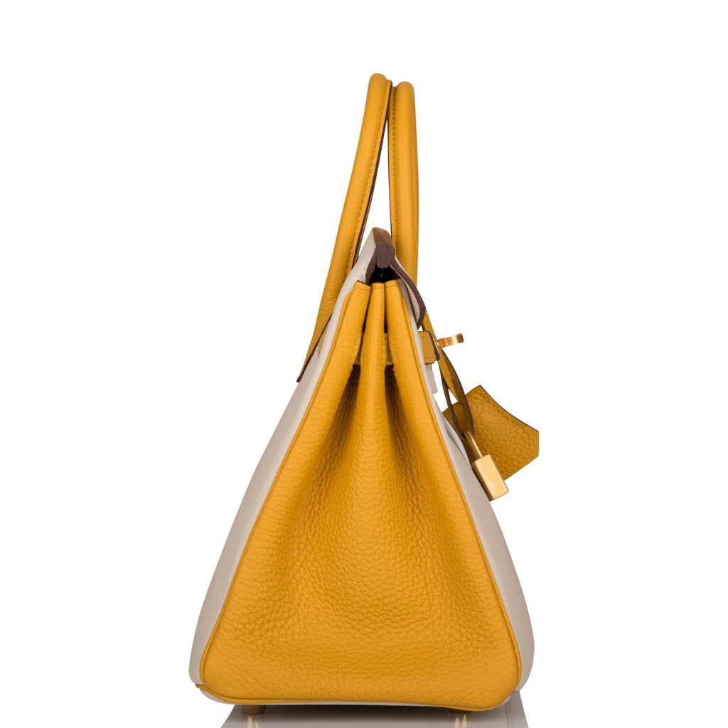 Hermes Horseshoe Stamp (HSS) Bi-Color Craie and Jaune Ambre Togo Birkin 25cm Brushed Gold Hardware