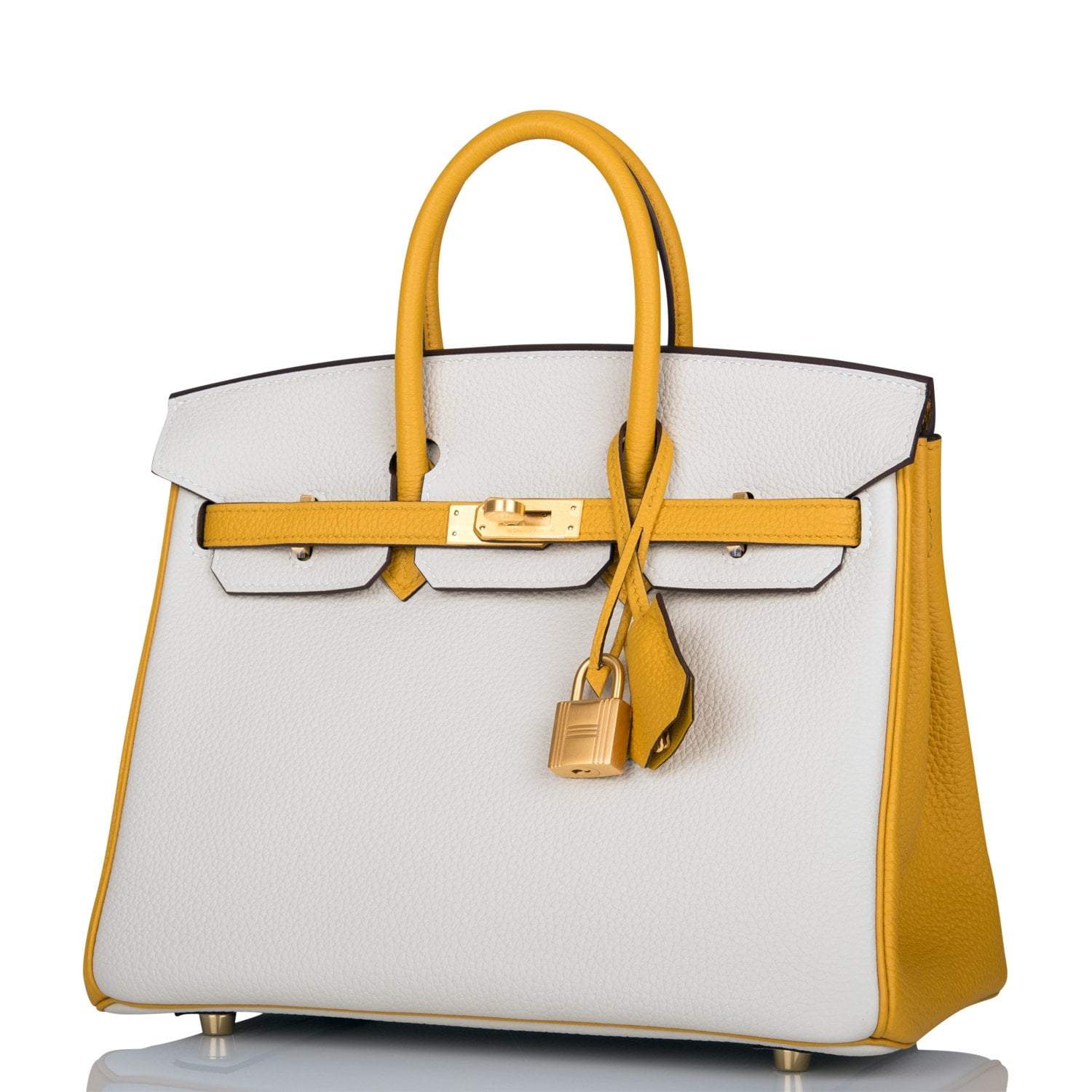 Hermes Horseshoe Stamp (HSS) Bi-Color Craie and Jaune Ambre Togo Birkin 25cm Brushed Gold Hardware