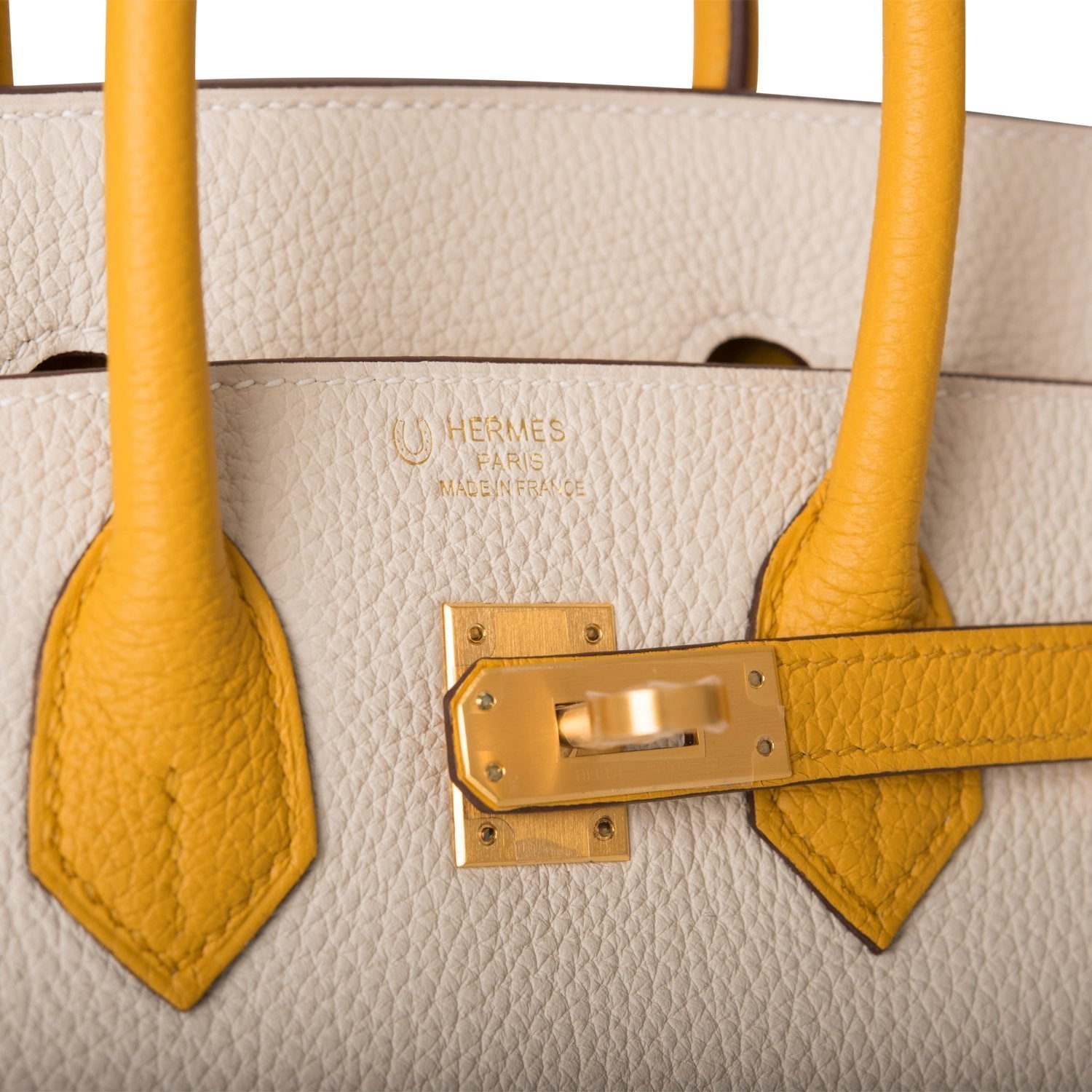 Hermes Horseshoe Stamp (HSS) Bi-Color Craie and Jaune Ambre Togo Birkin 25cm Brushed Gold Hardware