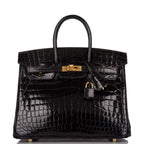 Hermes Black Shiny Niloticus Crocodile Birkin 25cm Gold Hardware