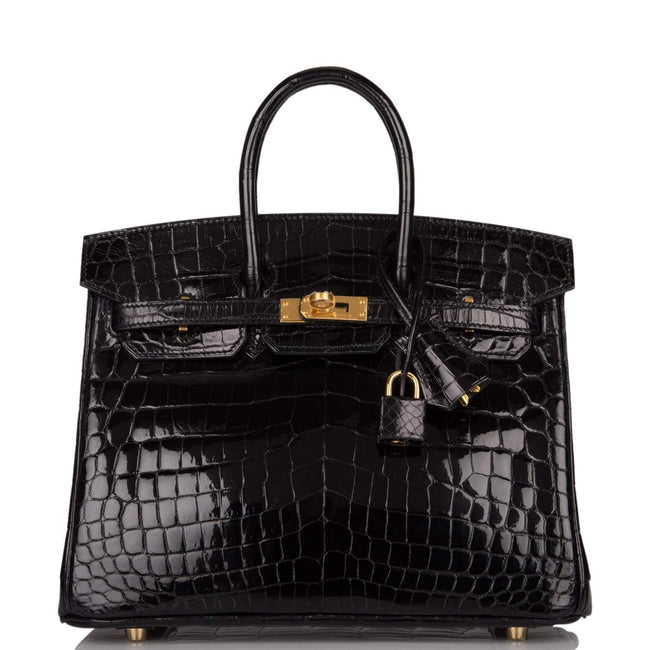 Hermes Black Shiny Niloticus Crocodile Birkin 25cm Gold Hardware Hover Image