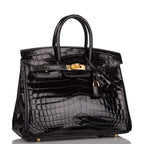 Hermes Black Shiny Niloticus Crocodile Birkin 25cm Gold Hardware