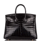 Hermes Black Shiny Niloticus Crocodile Birkin 25cm Gold Hardware