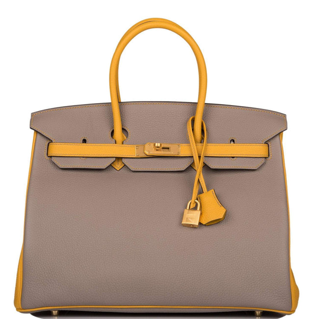 Hermes Birkin 35 Etoupe and Jaune Ambre Togo Brushed Gold Hardware Hover Image