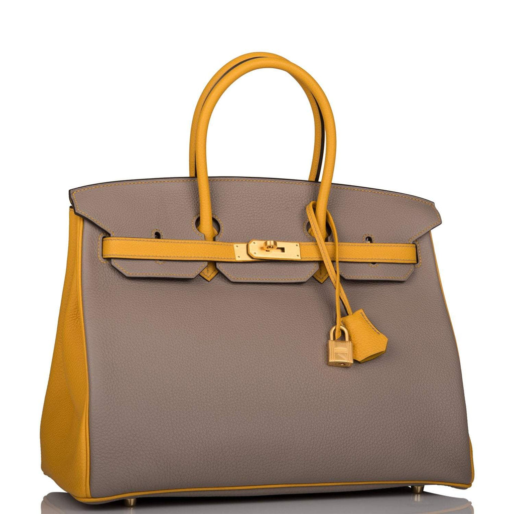 Hermes Birkin 35 Etoupe and Jaune Ambre Togo Brushed Gold Hardware