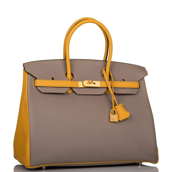Hermes Birkin 35 Etoupe and Jaune Ambre Togo Brushed Gold Hardware Main Image