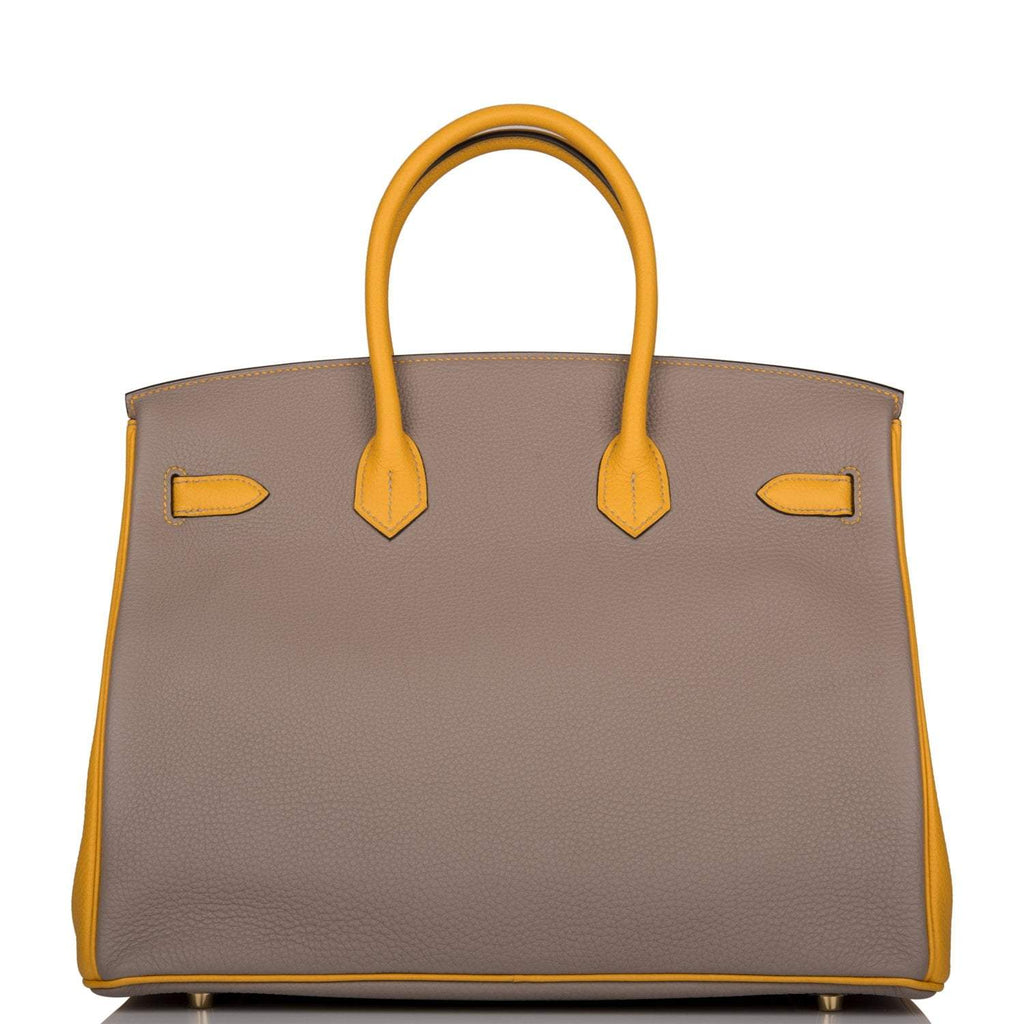 Hermes Birkin 35 Etoupe and Jaune Ambre Togo Brushed Gold Hardware