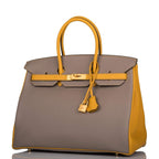 Hermes Birkin 35 Etoupe and Jaune Ambre Togo Brushed Gold Hardware