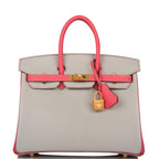 Hermes Birkin 25 Gris Perle and Rose Azalee Chèvre Brushed Gold Hardware