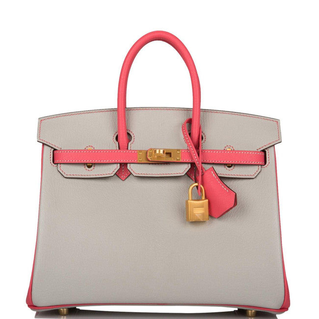 Hermes Birkin 25 Gris Perle and Rose Azalee Chèvre Brushed Gold Hardware Hover Image