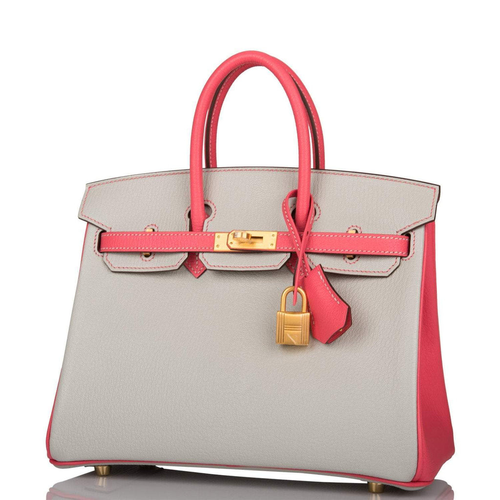 Hermes Birkin 25 Gris Perle and Rose Azalee Chèvre Brushed Gold Hardware