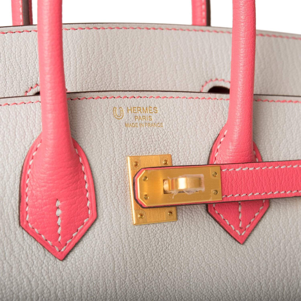 Hermes Birkin 25 Gris Perle and Rose Azalee Chèvre Brushed Gold Hardware
