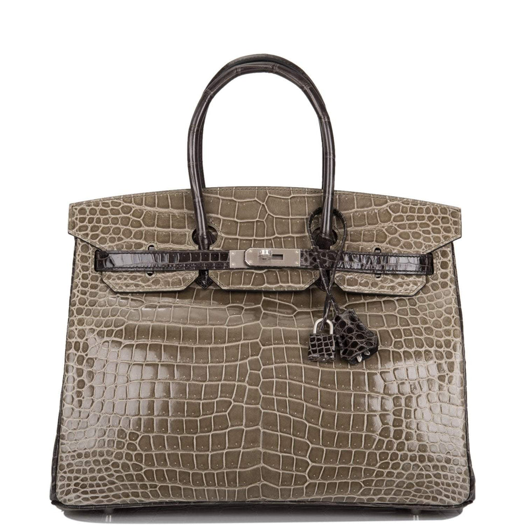 Hermes  Birkin 35cm Bi-Color Gris Tourterelle and Graphite Shiny Porosus Crocodile Brushed Palladium Hardware