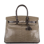 Hermes  Birkin 35cm Bi-Color Gris Tourterelle and Graphite Shiny Porosus Crocodile Brushed Palladium Hardware