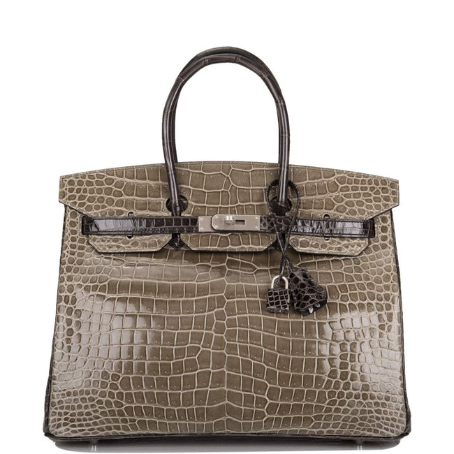 Hermes  Birkin 35cm Bi-Color Gris Tourterelle and Graphite Shiny Porosus Crocodile Brushed Palladium Hardware Hover Image