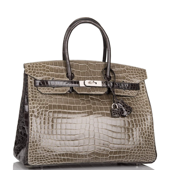 Hermes  Birkin 35cm Bi-Color Gris Tourterelle and Graphite Shiny Porosus Crocodile Brushed Palladium Hardware Main Image