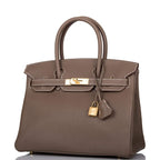 Hermes Etoupe Clemence Birkin 30cm Gold Hardware