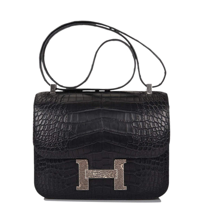Hermes Black Matte Alligator and Ombre Lizard Marquette Constance 24cm Palladium Hardware Hover Image