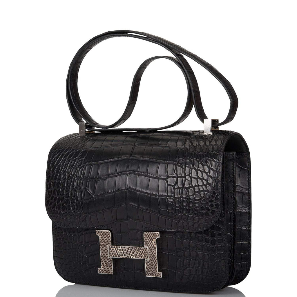 Hermes Black Matte Alligator and Ombre Lizard Marquette Constance 24cm Palladium Hardware