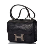 Hermes Black Matte Alligator and Ombre Lizard Marquette Constance 24cm Palladium Hardware
