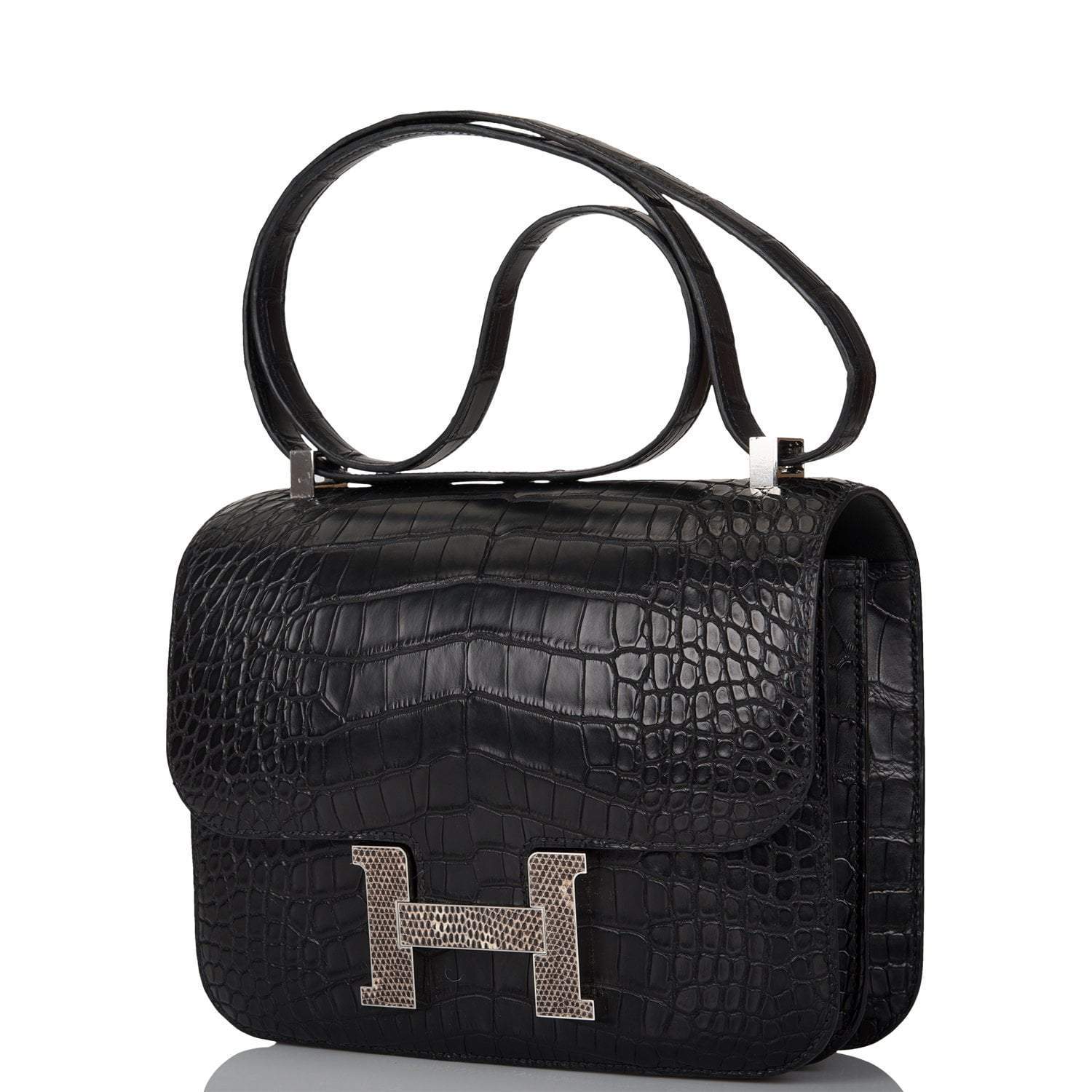 Hermes Black Matte Alligator and Ombre Lizard Marquette Constance 24cm Palladium Hardware
