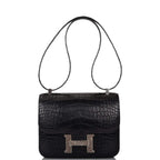 Hermes Black Matte Alligator and Ombre Lizard Marquette Constance 24cm Palladium Hardware