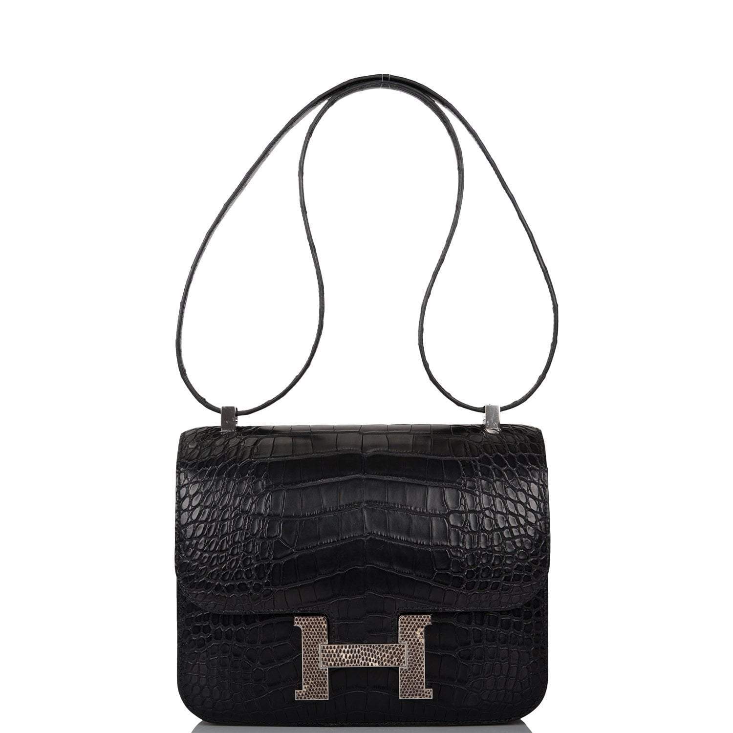 Hermes Black Matte Alligator and Ombre Lizard Marquette Constance 24cm Palladium Hardware