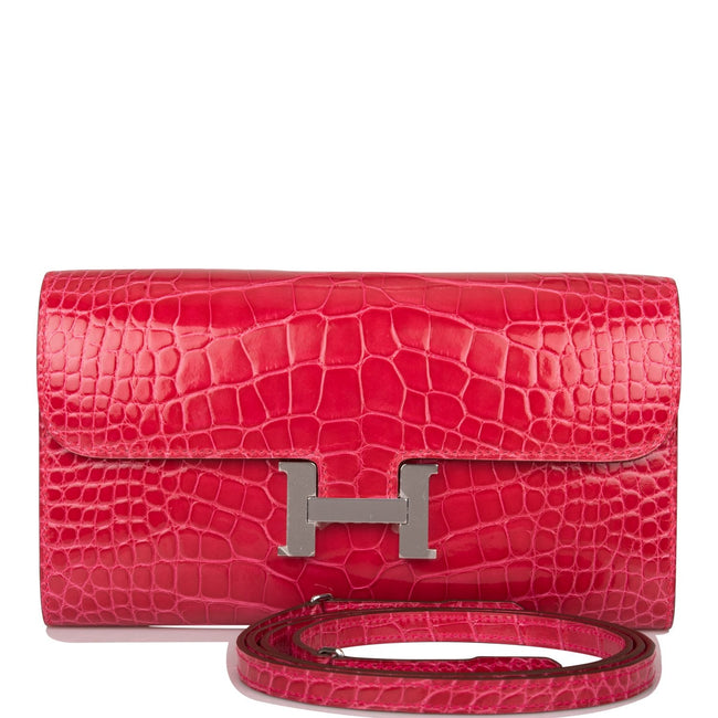 Hermes Rose Extreme Shiny Alligator Constance Wallet To Go Palladium Hardware Hover Image