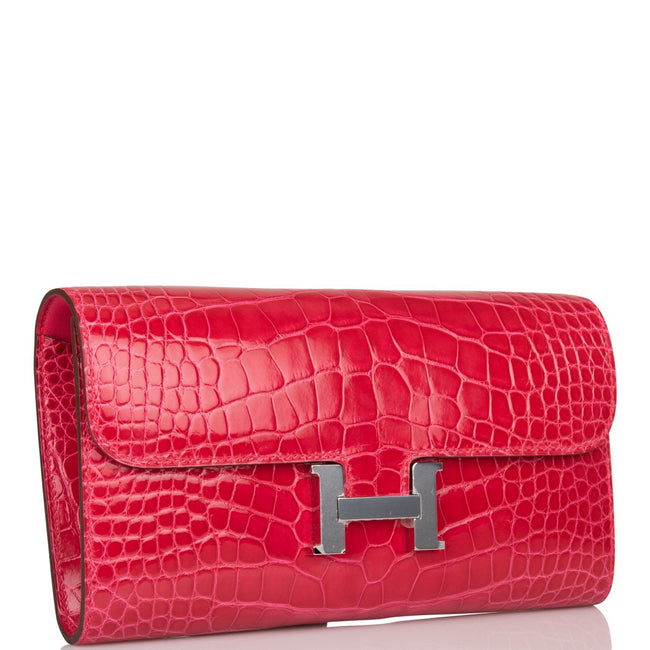 Hermes Rose Extreme Shiny Alligator Constance Wallet To Go Palladium Hardware Main Image