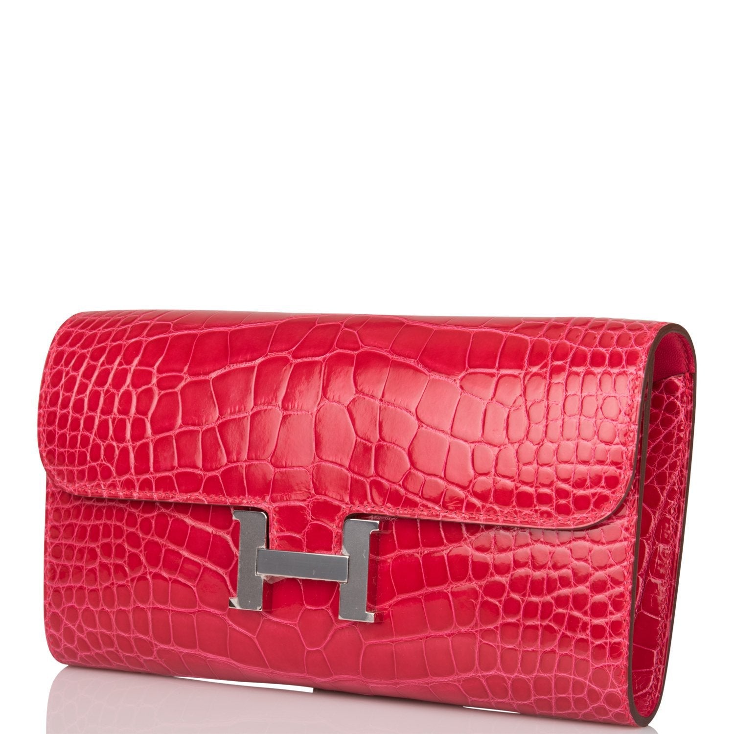 Hermes Rose Extreme Shiny Alligator Constance Wallet To Go Palladium Hardware