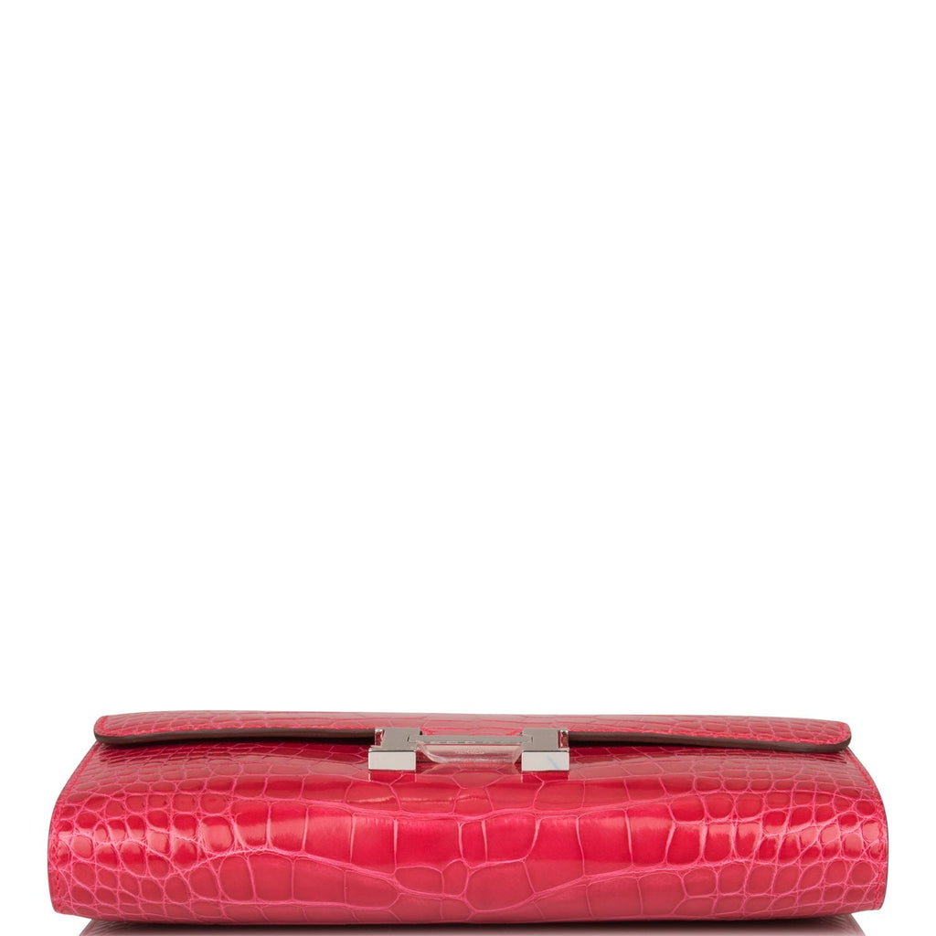 Hermes Rose Extreme Shiny Alligator Constance Wallet To Go Palladium Hardware