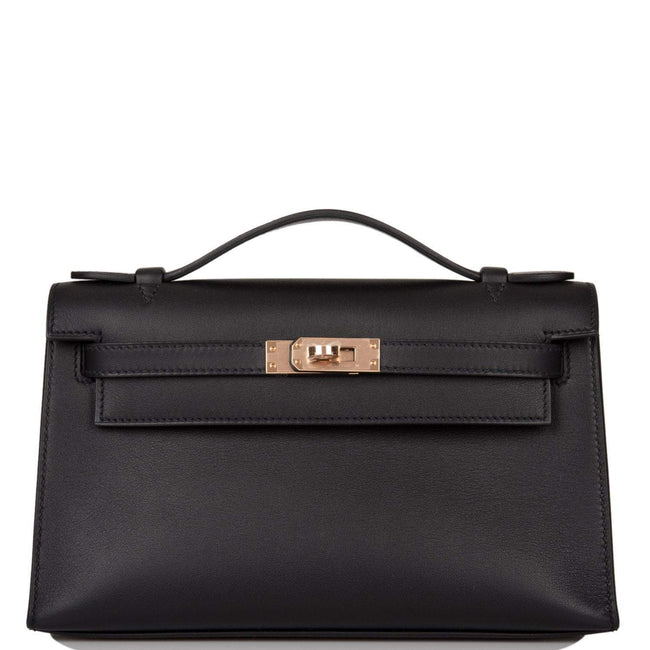 Hermes Black Swift Mini Kelly Pochette Rose Gold Hardware Hover Image