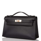 Hermes Black Swift Mini Kelly Pochette Rose Gold Hardware