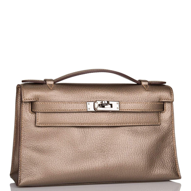 Vintage Hermes Kelly Pochette Bronze Chèvre Ruthenium Hardware Main Image