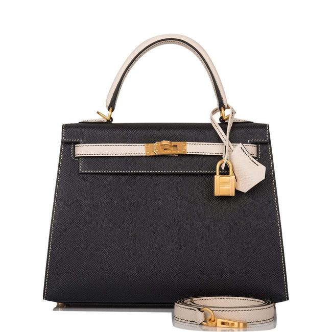 Hermes Kelly 25cm Bi-Color Black and Craie Epsom Sellier Brushed Gold Hardware Hover Image