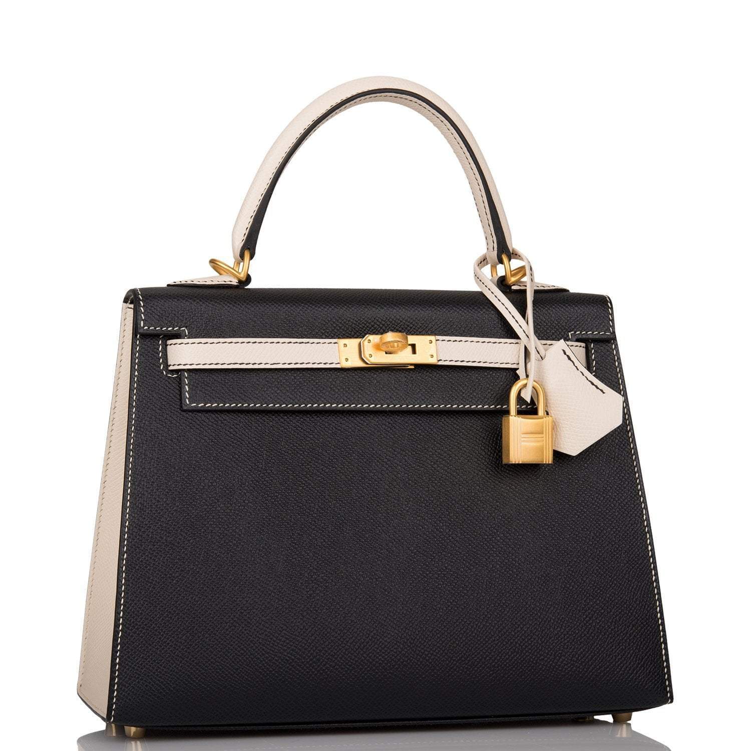 Hermes Kelly 25cm Bi-Color Black and Craie Epsom Sellier Brushed Gold Hardware