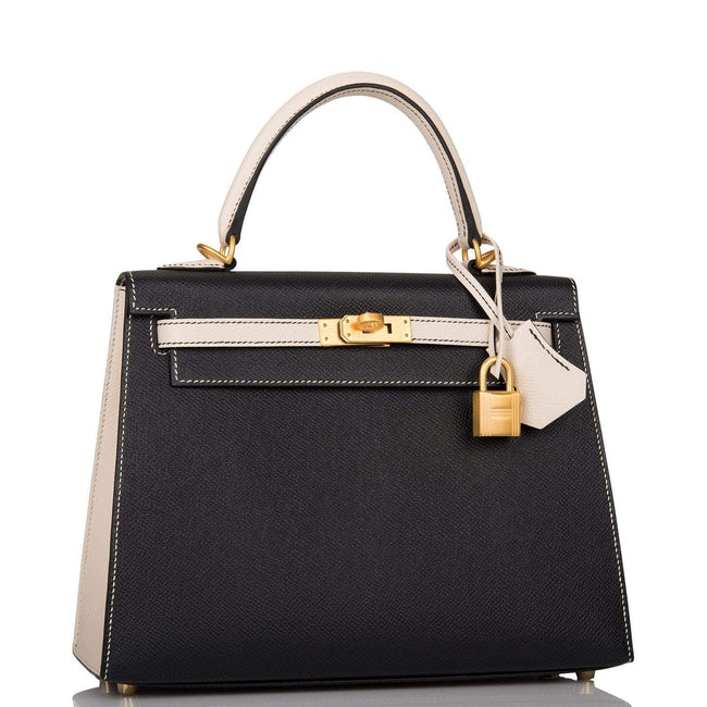 Hermes Kelly 25cm Bi-Color Black and Craie Epsom Sellier Brushed Gold Hardware Main Image