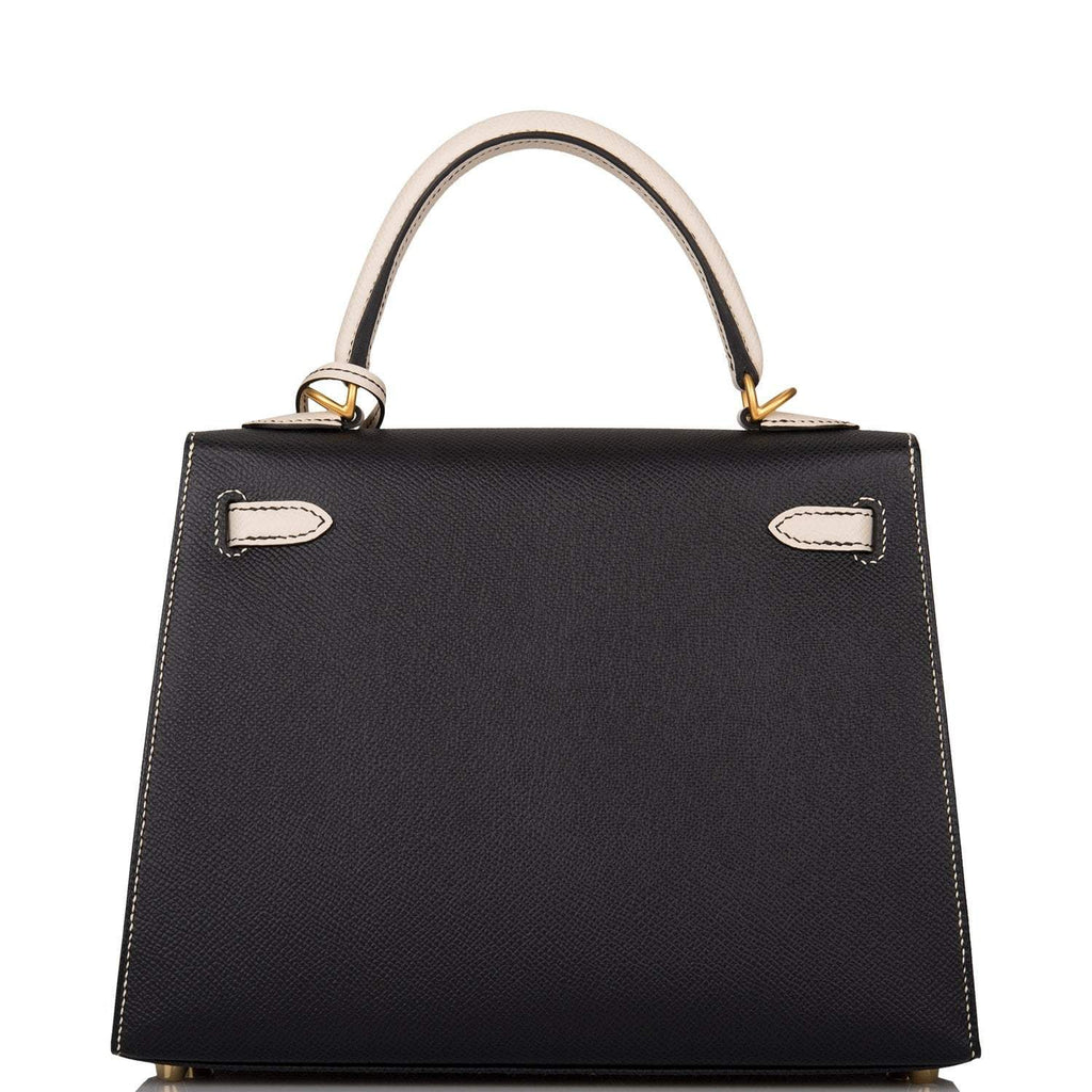 Hermes Kelly 25cm Bi-Color Black and Craie Epsom Sellier Brushed Gold Hardware
