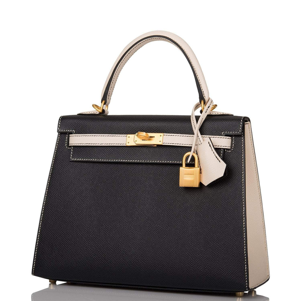 Hermes Kelly 25cm Bi-Color Black and Craie Epsom Sellier Brushed Gold Hardware