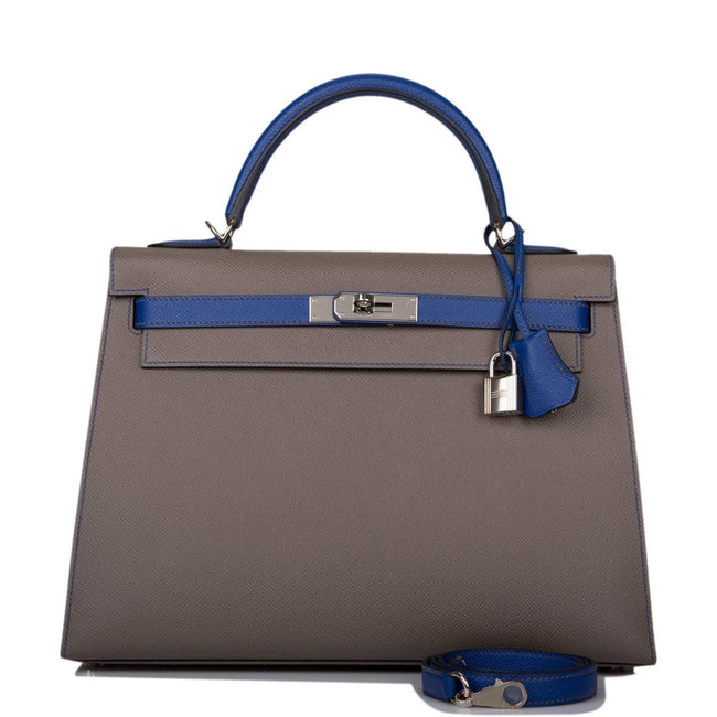 Hermes Kelly 32cm Bi-Color Etain and Bleu Electric Epsom Sellier Palladium Hardware Hover Image