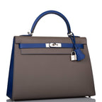 Hermes Kelly 32cm Bi-Color Etain and Bleu Electric Epsom Sellier Palladium Hardware