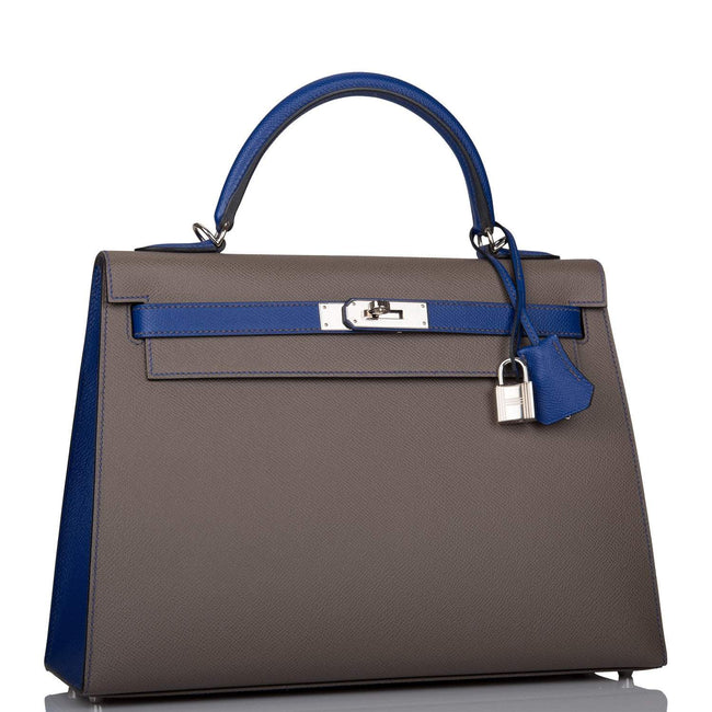Hermes Kelly 32cm Bi-Color Etain and Bleu Electric Epsom Sellier Palladium Hardware Main Image
