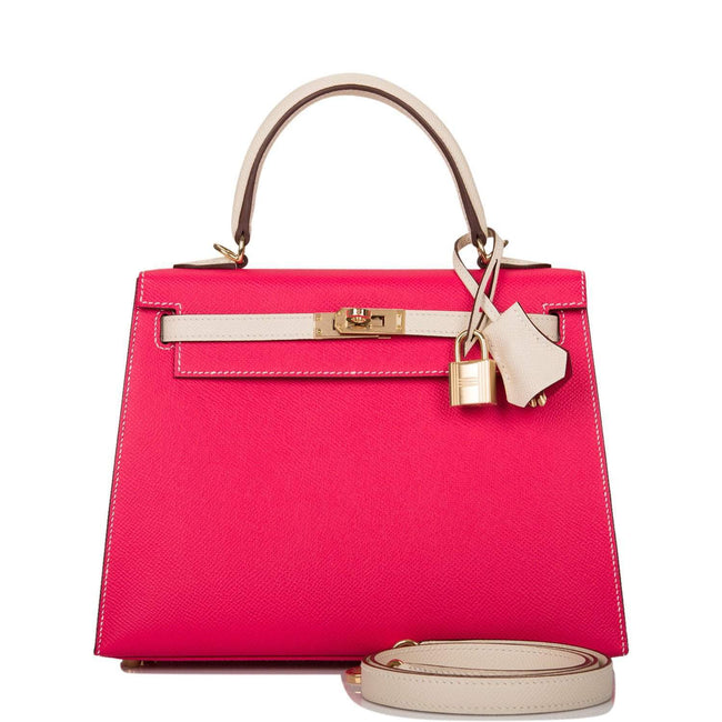 Hermes Kelly 25cm  Bi-Color Rose Extreme and Craie Epsom Sellier Permabrass Hardware Hover Image